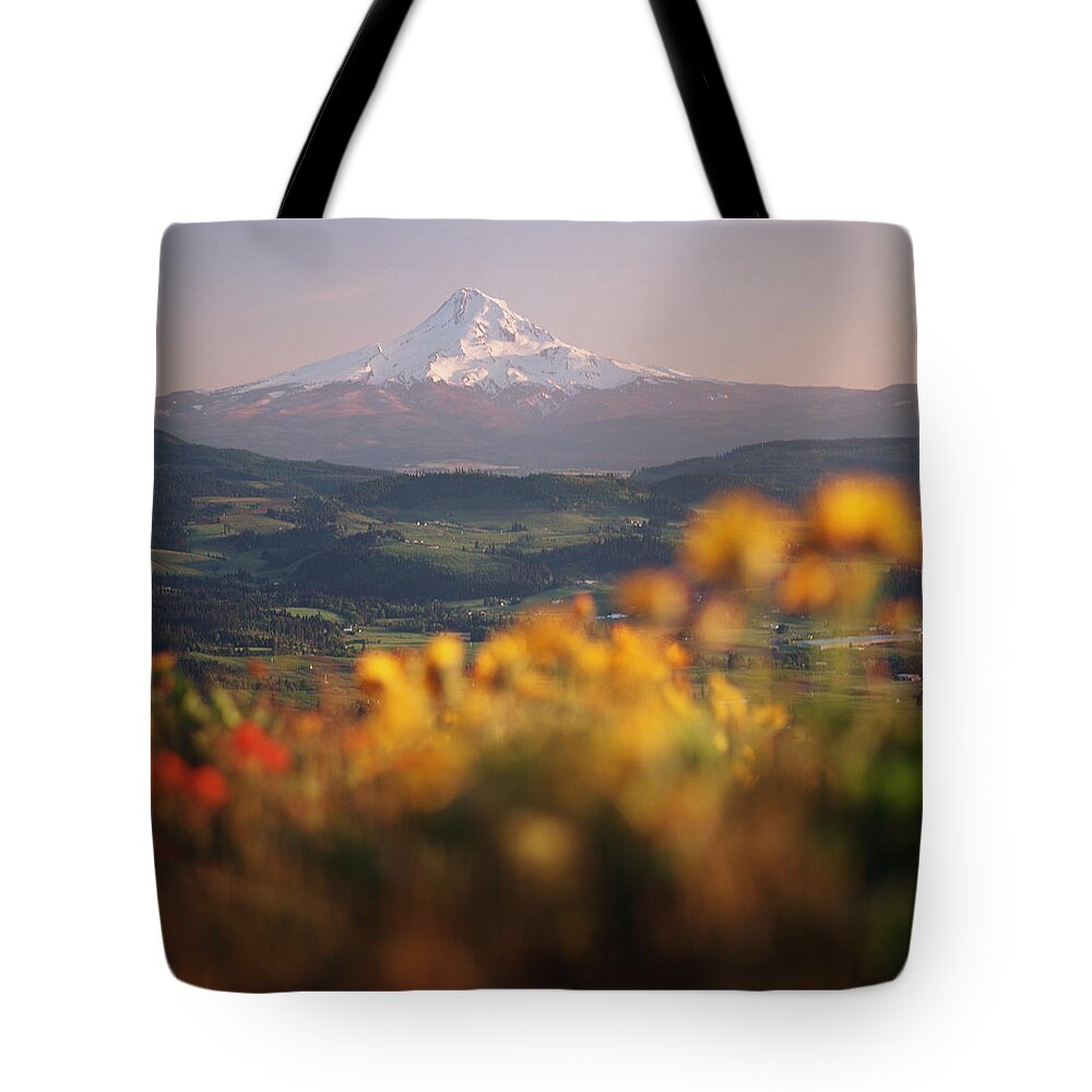 Tranquility Tote Bag featuring the photograph Mt. Hood And Wildflowers At Sunset by Danielle D. Hughson