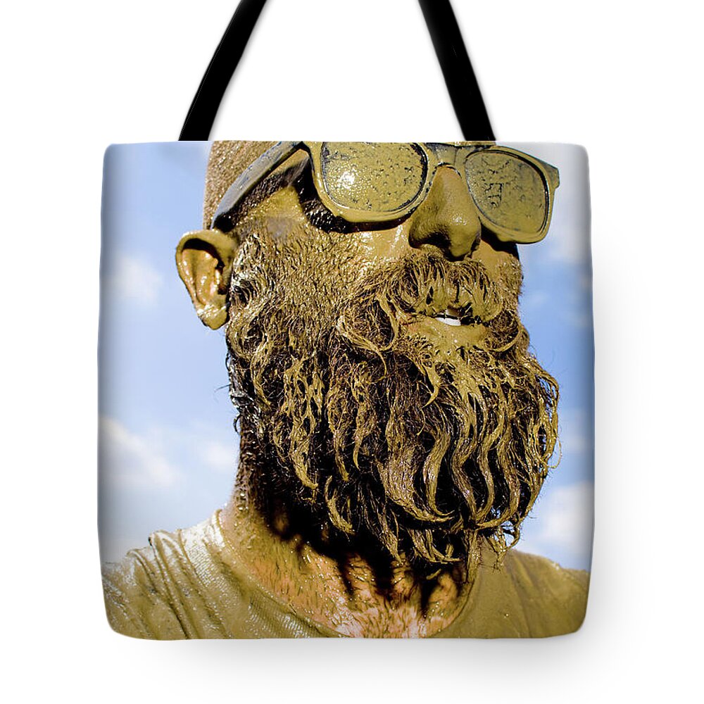 Problems Tote Bag featuring the photograph Mud Run Competitor Covered In Mud18-25 by Pete Starman