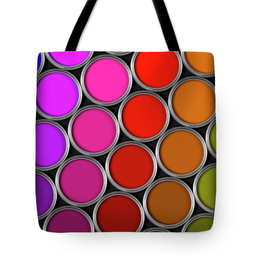 Artist Tote Bag featuring the photograph Multi Colored Tins Of Paint On Black by Jallfree