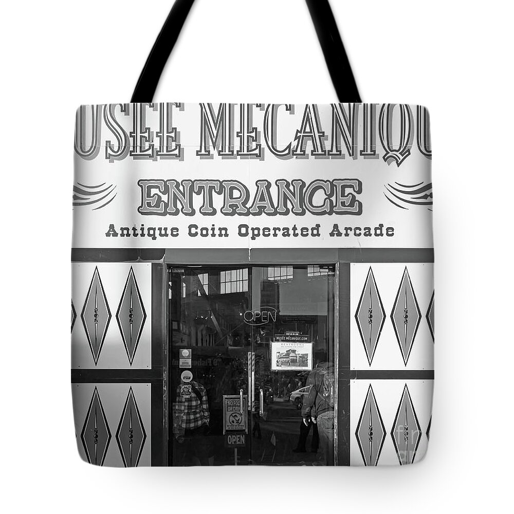 Wingsdomain Tote Bag featuring the photograph Musee Mechanique Vintage Penny Arcade DSC6813 bw by Wingsdomain Art and Photography