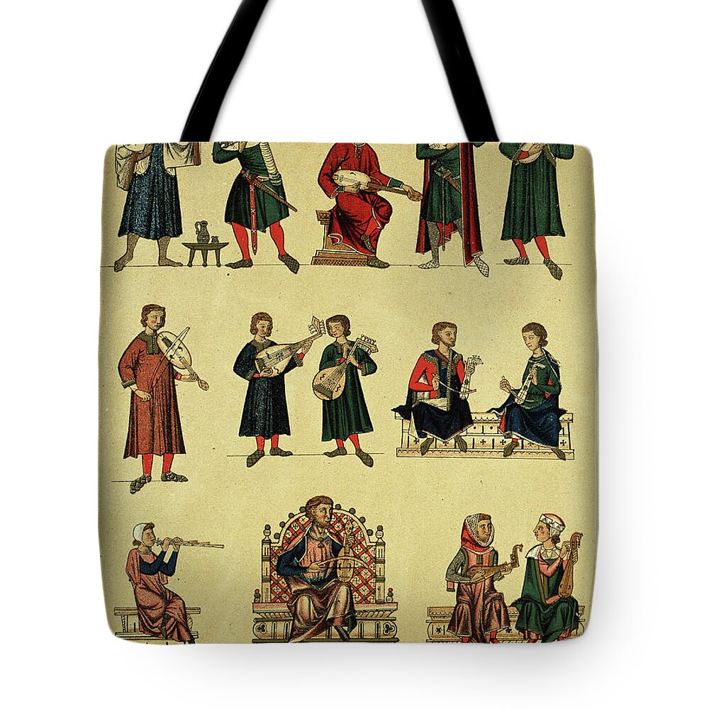 Mediaeval Tote Bag featuring the painting Musical instuments from the Book of Songs, Spanish XIIIth century. by Album