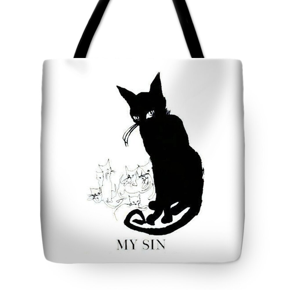 Vintage Perfume Ad Tote Bag featuring the digital art My Sin by Kim Kent