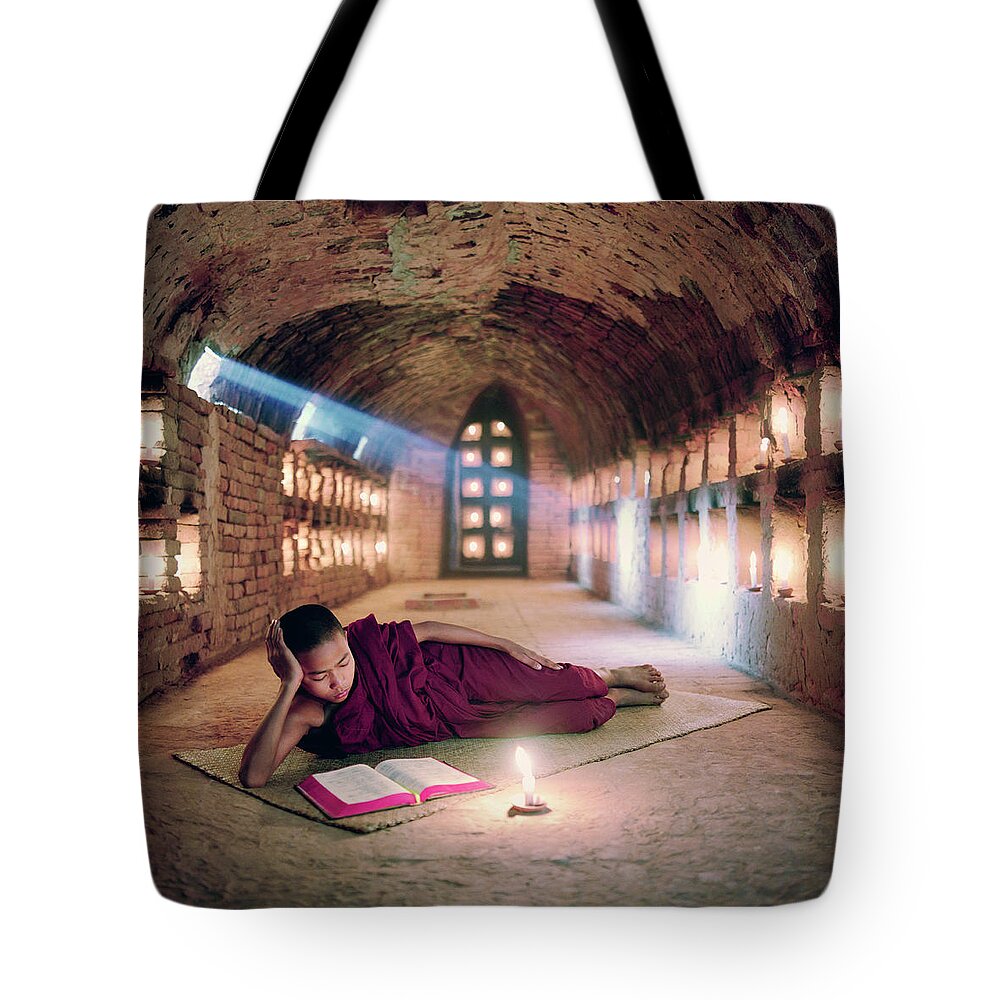 Child Tote Bag featuring the photograph Myanmar, Buddhist Monk Inside by Martin Puddy