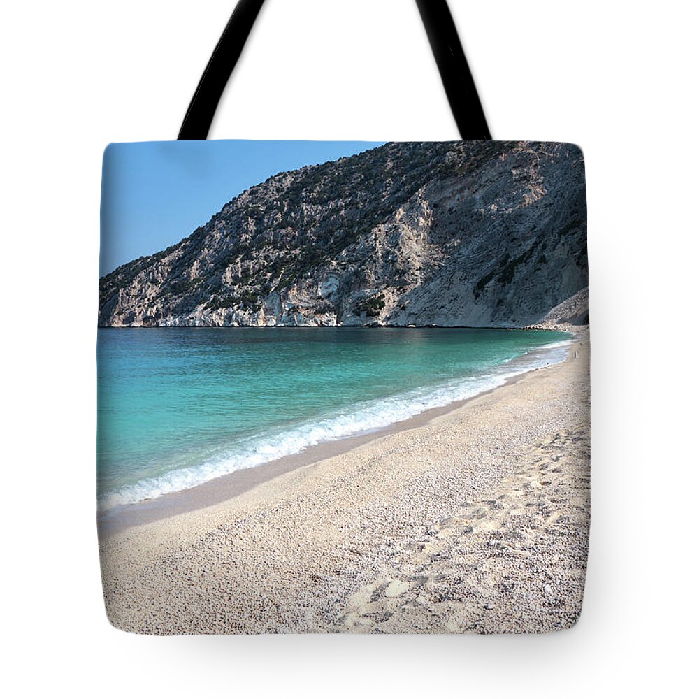 Captain Corelli Tote Bag featuring the photograph Myrtos Beach, Kefallonia, Ionian by Terryjlawrence
