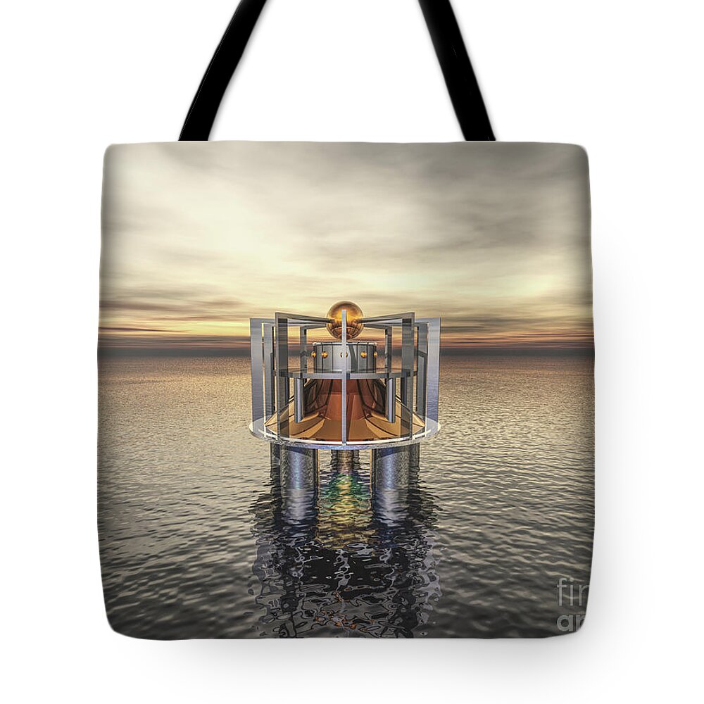 Structure Tote Bag featuring the digital art Mysterious Structure At Sea by Phil Perkins