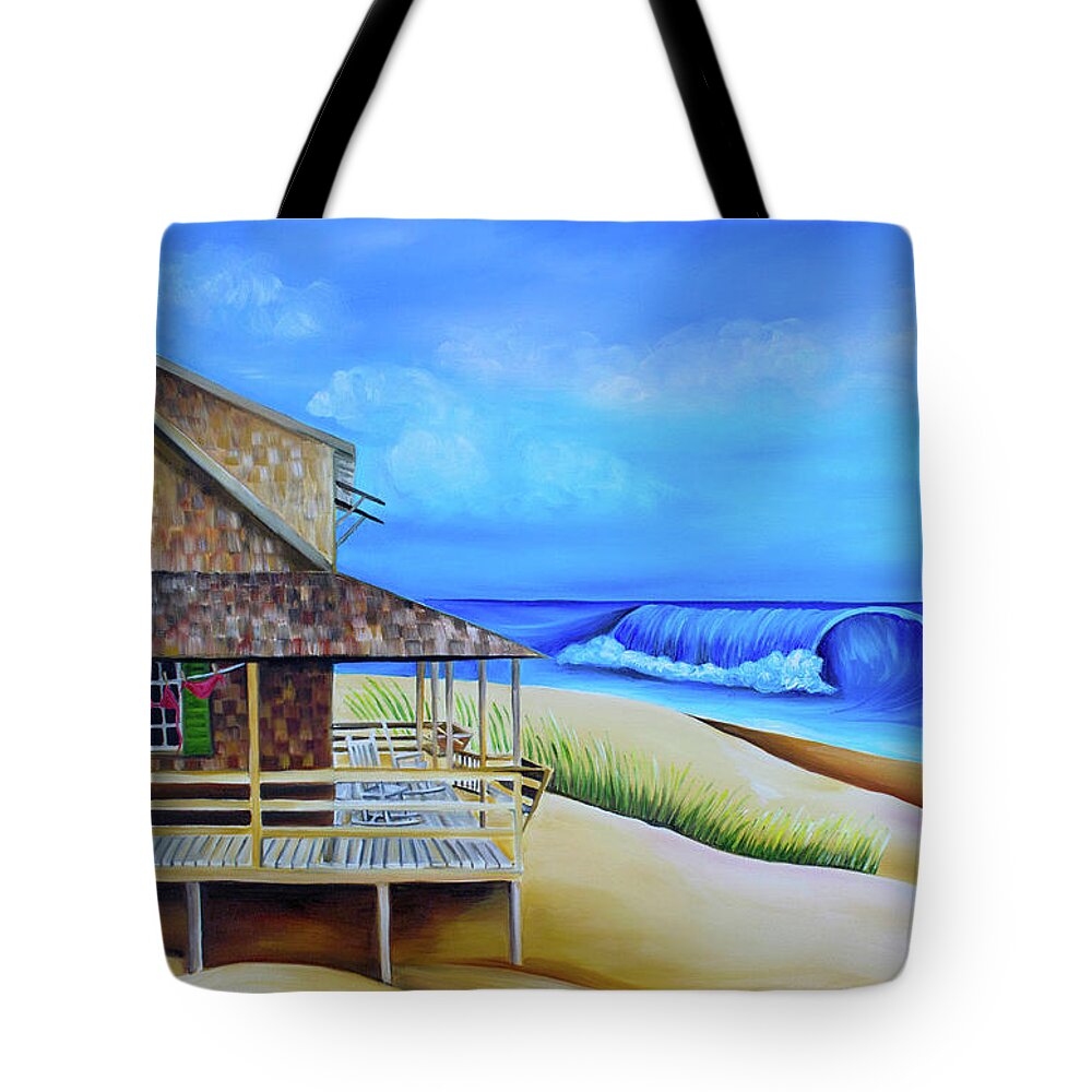 Nags Head Tote Bag featuring the painting Nags Head Cottage with Clothesline by Barbara Noel