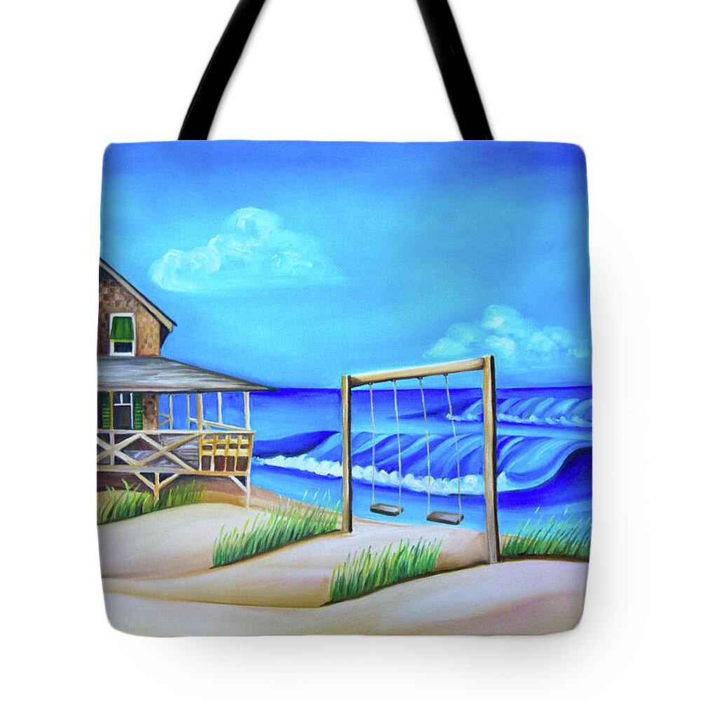 Nags Head Tote Bag featuring the painting Nags Head Cottage with Swings by Barbara Noel