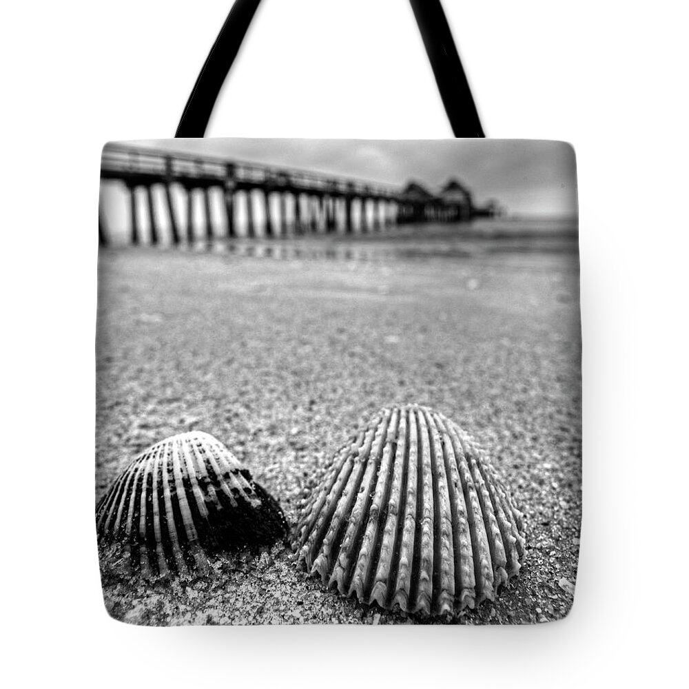 Naples Tote Bag featuring the photograph Naples Pier Seashells Naples FL Florida Black and White by Toby McGuire