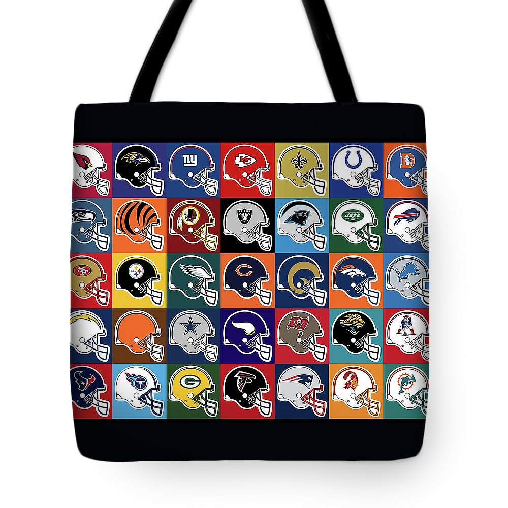 Nfl Tote Bag featuring the mixed media National Football League Background Helmets Teams by Movie Poster Prints