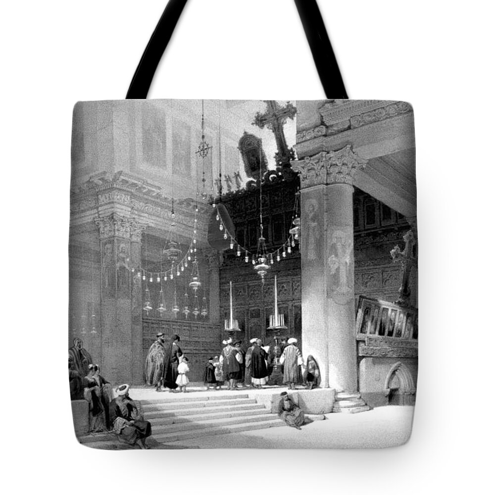 Bethlehem Tote Bag featuring the photograph Nativity Church in Black and White by Munir Alawi
