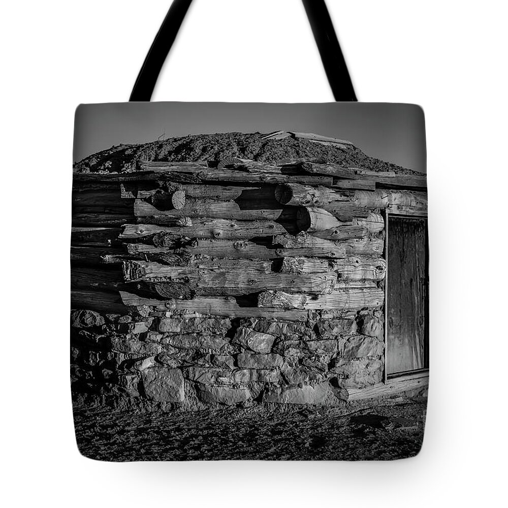 Hogan Tote Bag featuring the photograph Navajo Hogan In Black And White by Jaime Miller
