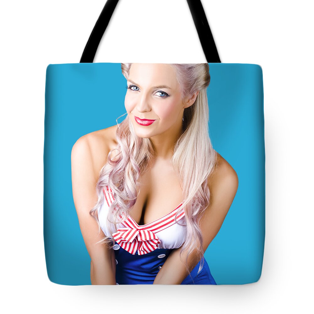 Sailor Tote Bag featuring the photograph Navy pinup woman by Jorgo Photography