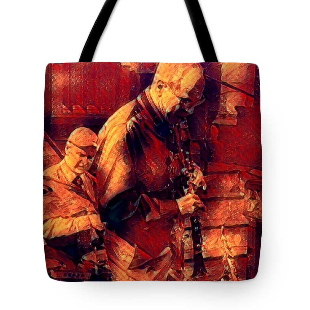 New Black Eagle Jazz Band Tote Bag featuring the mixed media New Black Eagle Jazz Band - Bill and Billy by Marshall Thomas