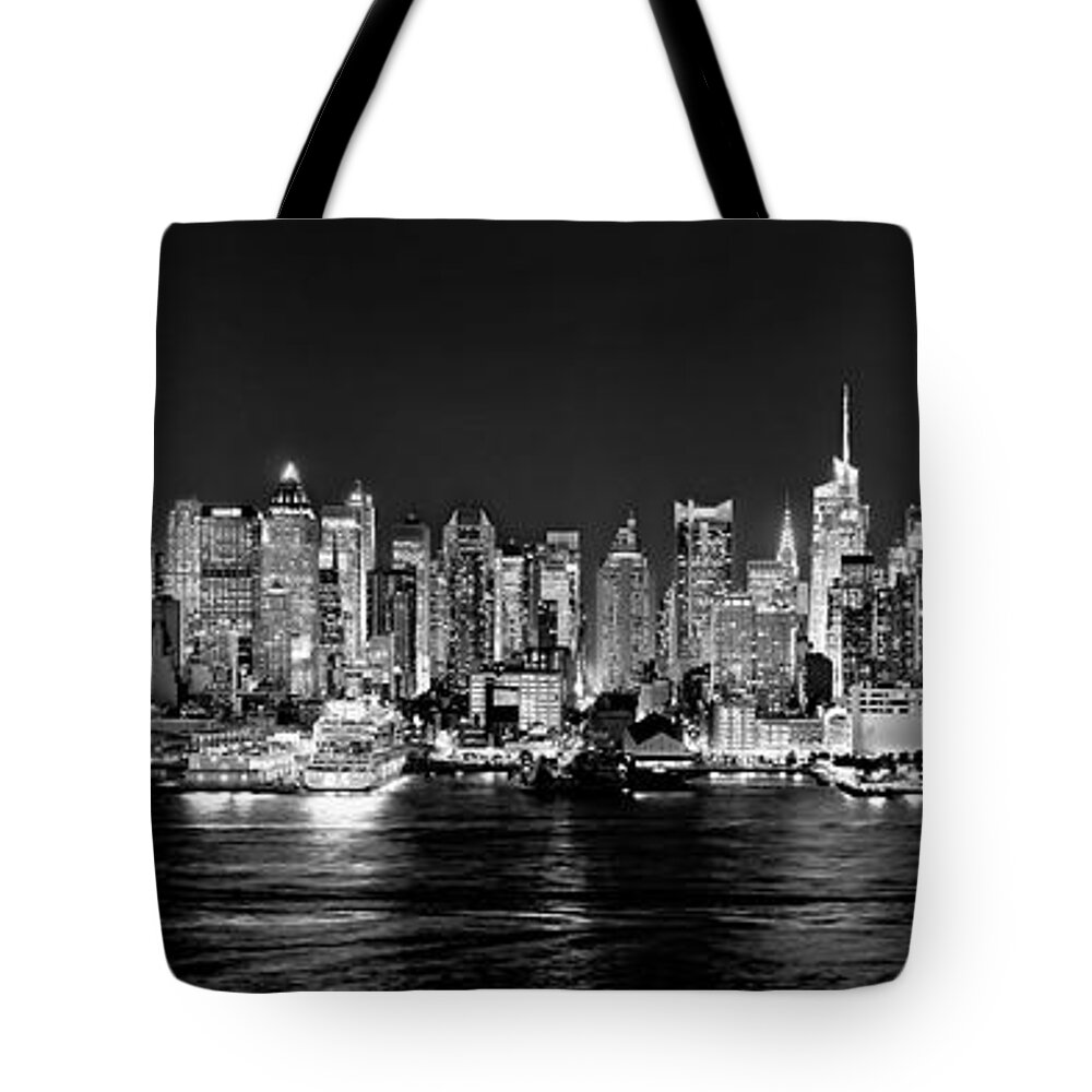 New York City Skyline At Night Tote Bag featuring the photograph New York City NYC Skyline Midtown Manhattan at Night Black and White by Jon Holiday