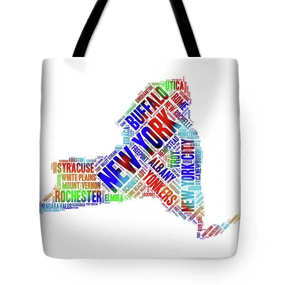 New York Tote Bag featuring the digital art New York State Colorful Cities Word Art by Peggy Collins