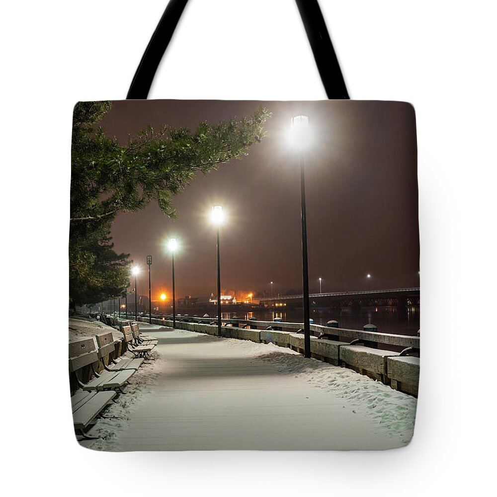 Newburyport Tote Bag featuring the photograph Newburyport MA Snowstorm at night Merrimac River Lights by Toby McGuire