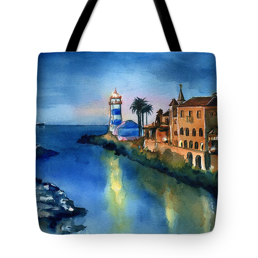 Portugal Tote Bag featuring the painting Nightfall in Cascais Portugal by Dora Hathazi Mendes