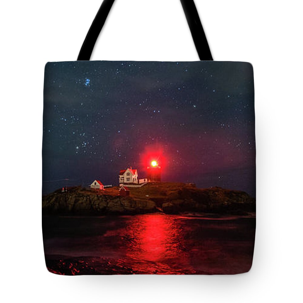 Lighthouse Tote Bag featuring the photograph Nubble at Night in Pano Format by Rod Best