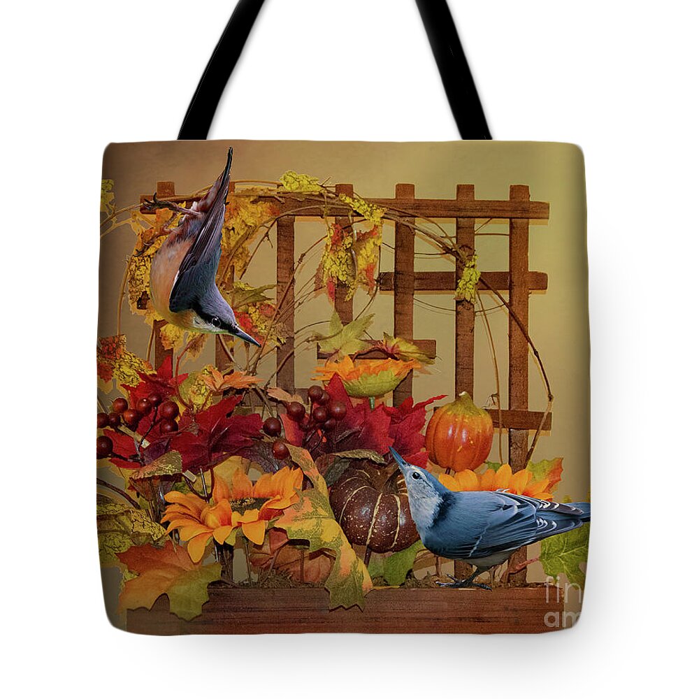 Nuthatches Tote Bag featuring the mixed media Nuthatches on a Trellis by Kathy Kelly