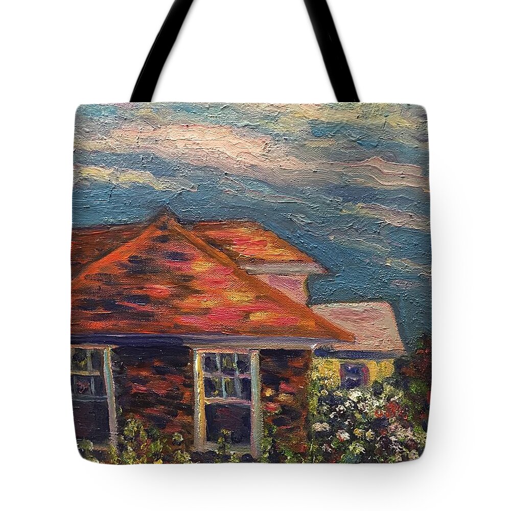 Nyack Tote Bag featuring the painting Nyack roof tops by Beth Riso