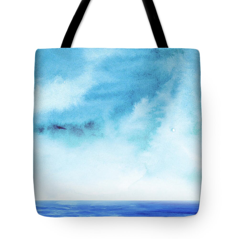 Landscape Tote Bag featuring the painting Ocean and Blue Sky Watercolor II by Naxart Studio