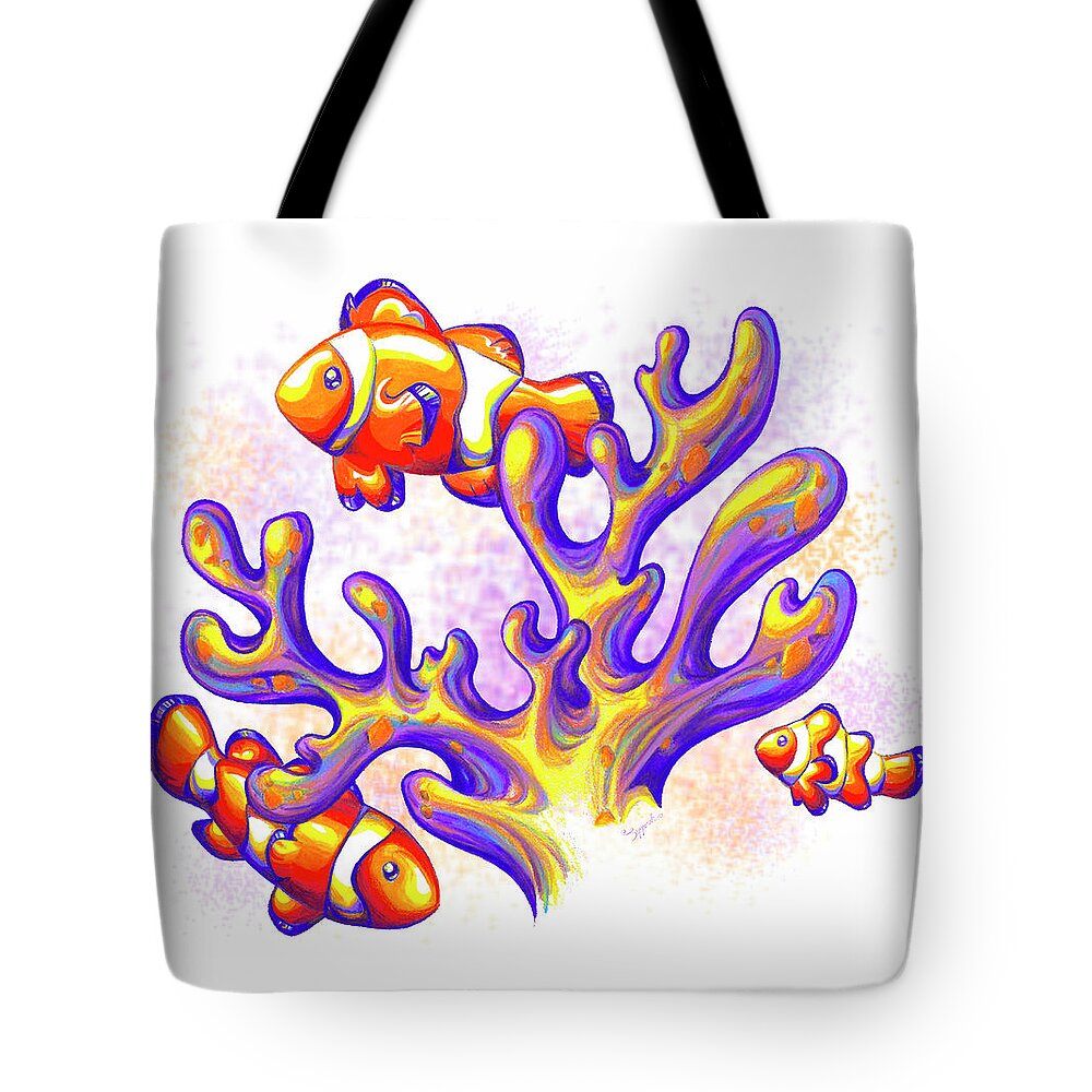 Illustration Tote Bag featuring the drawing Ocean Wilderness Clownfish and Coral Reef by Sipporah Art and Illustration