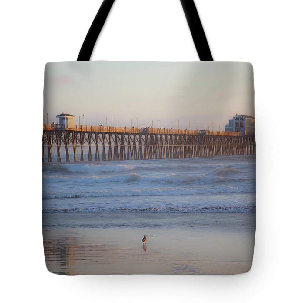 Oceanside Pier Tote Bag featuring the photograph Oceanside California Big Wave Surfing 2 by Catherine Walters