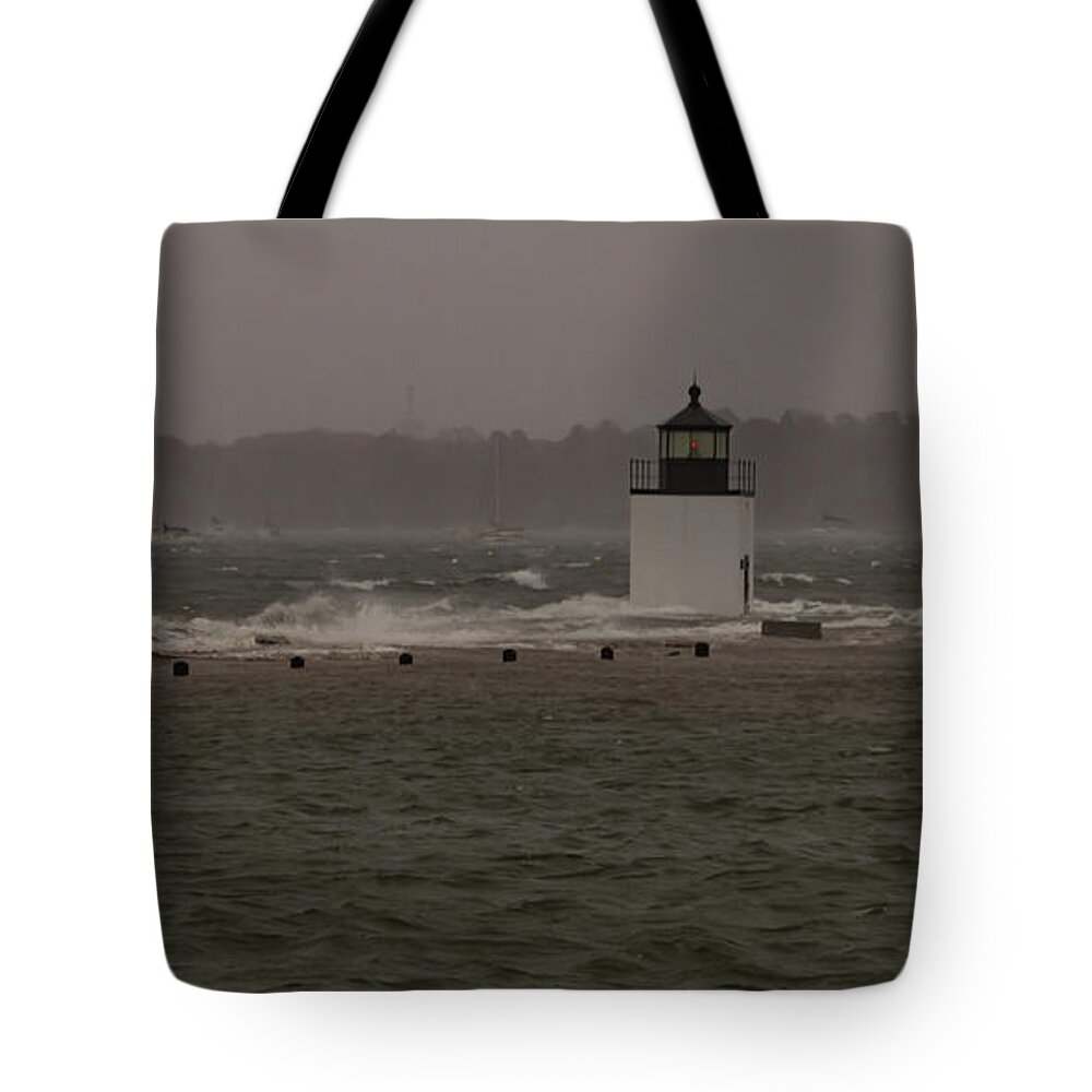 Salem Ma Tote Bag featuring the photograph October Storm at Derby Wharf Lighthouse by Jeff Folger