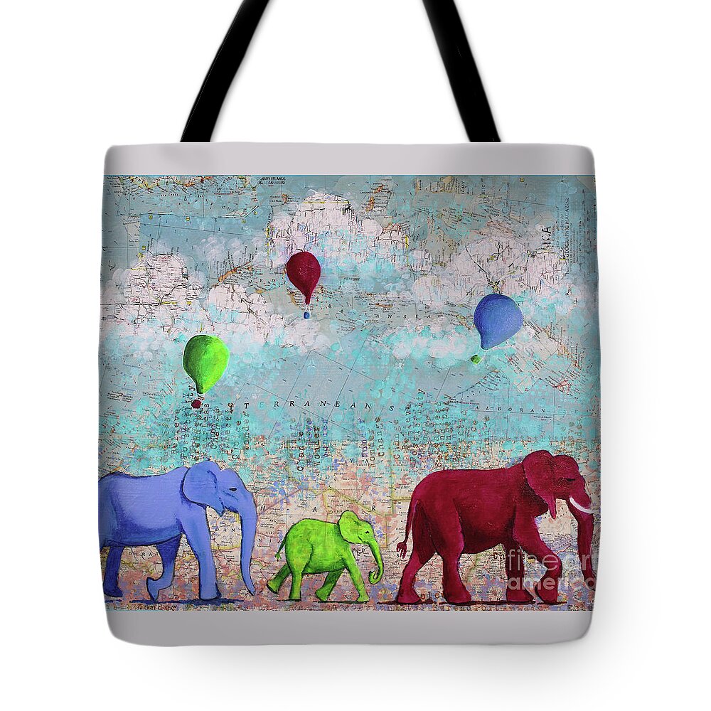 Elephant Tote Bag featuring the mixed media Oh The Places You'll Go by Lisa Crisman