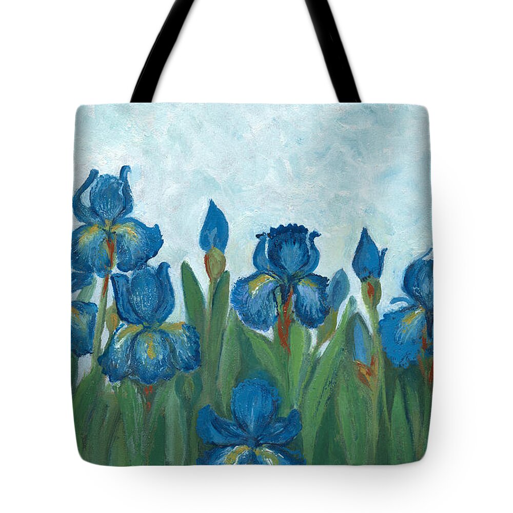 Oil Painting Tote Bag featuring the digital art Oil Painted Blue Iris Flowers by Mitza