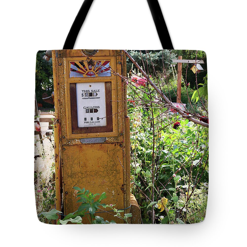 Gasoline Tote Bag featuring the photograph Old Gas Pump by Jeanette French