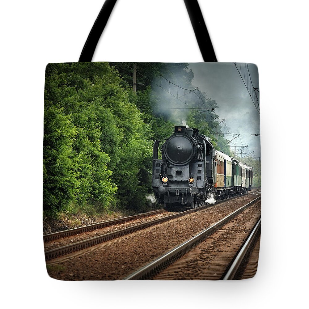 Air Pollution Tote Bag featuring the photograph Old Locomotive Running Somewhere by Mammuth