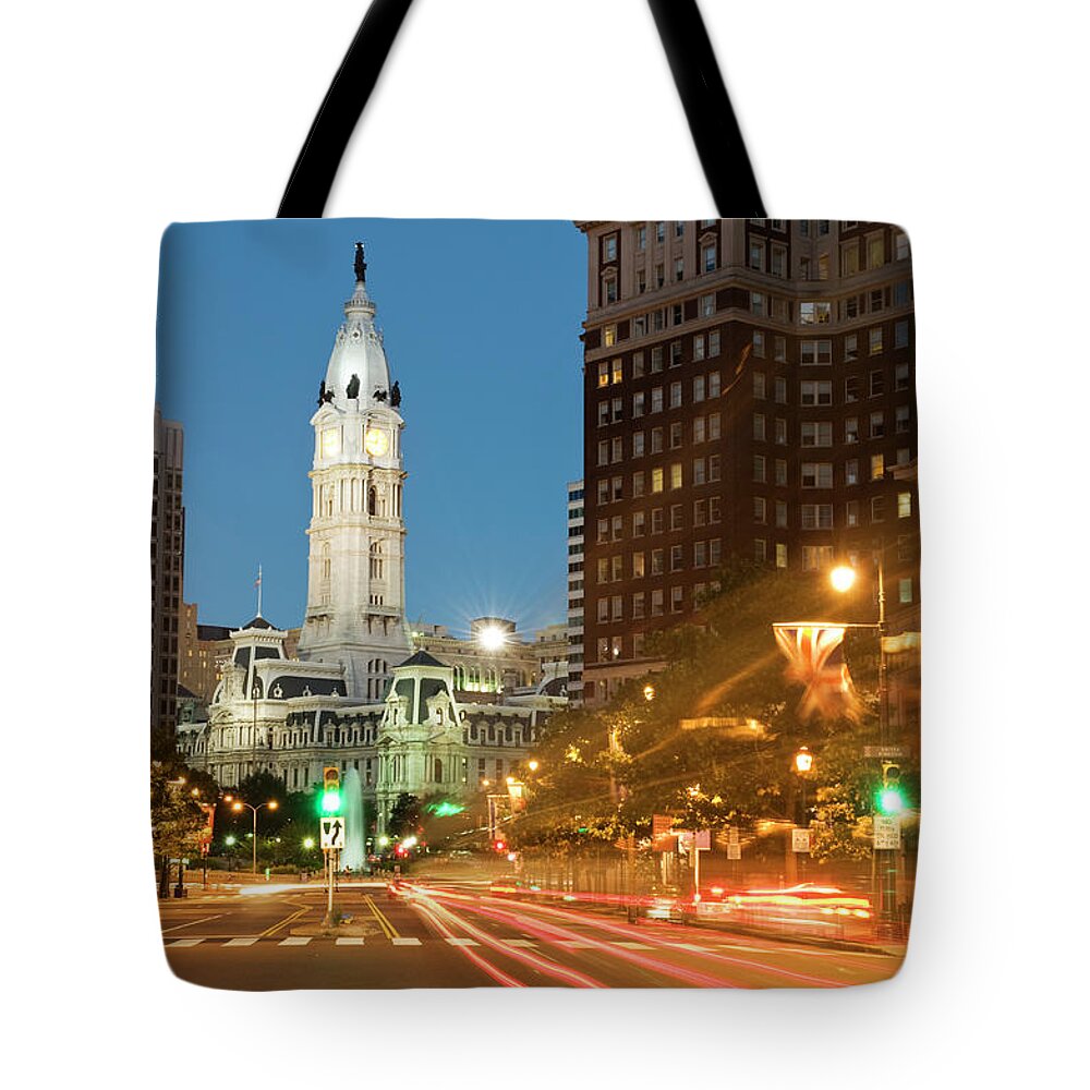 Outdoors Tote Bag featuring the photograph Old Philadelphia City Hall At Night by Travelif