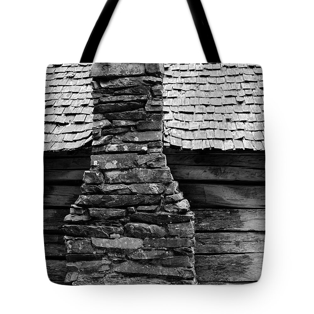 Stone Tote Bag featuring the photograph Old Smokes Black and White Stone Chimney by T Lynn Dodsworth