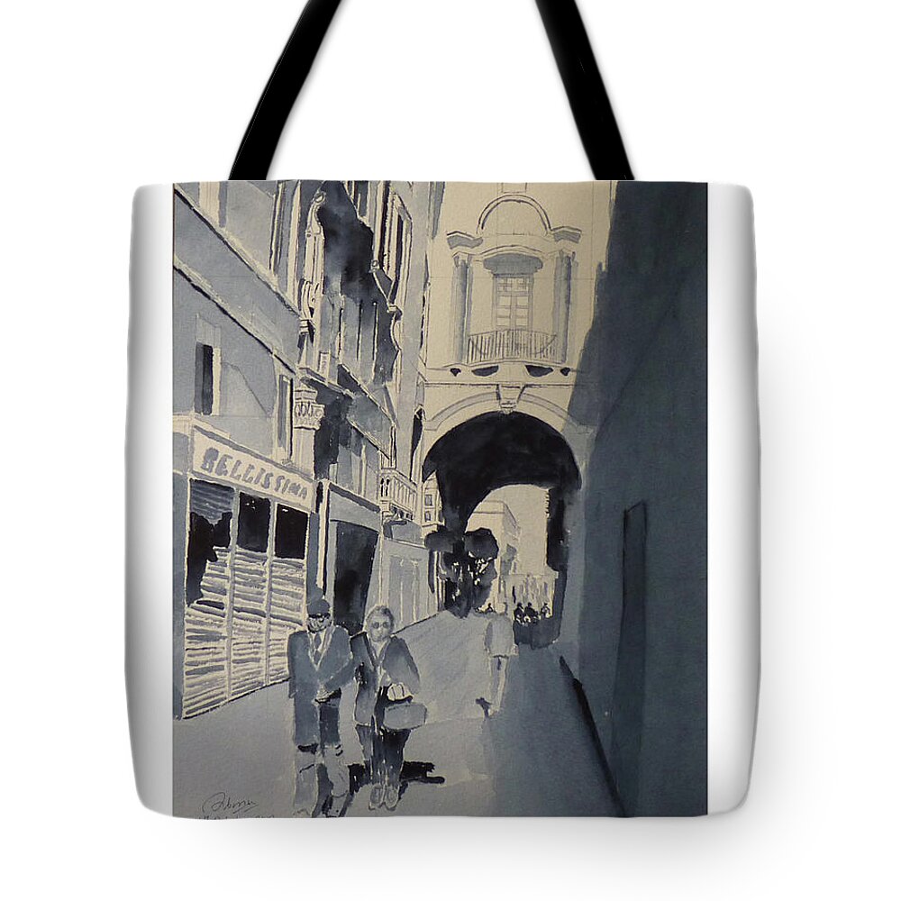 Old Theater Tote Bag featuring the painting Old Theatre Street Valletts by Godwin Cassar