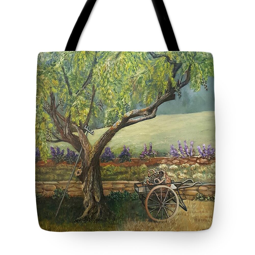 Olive Tree Tote Bag featuring the painting Olive Tree Harvest by Connie Rish