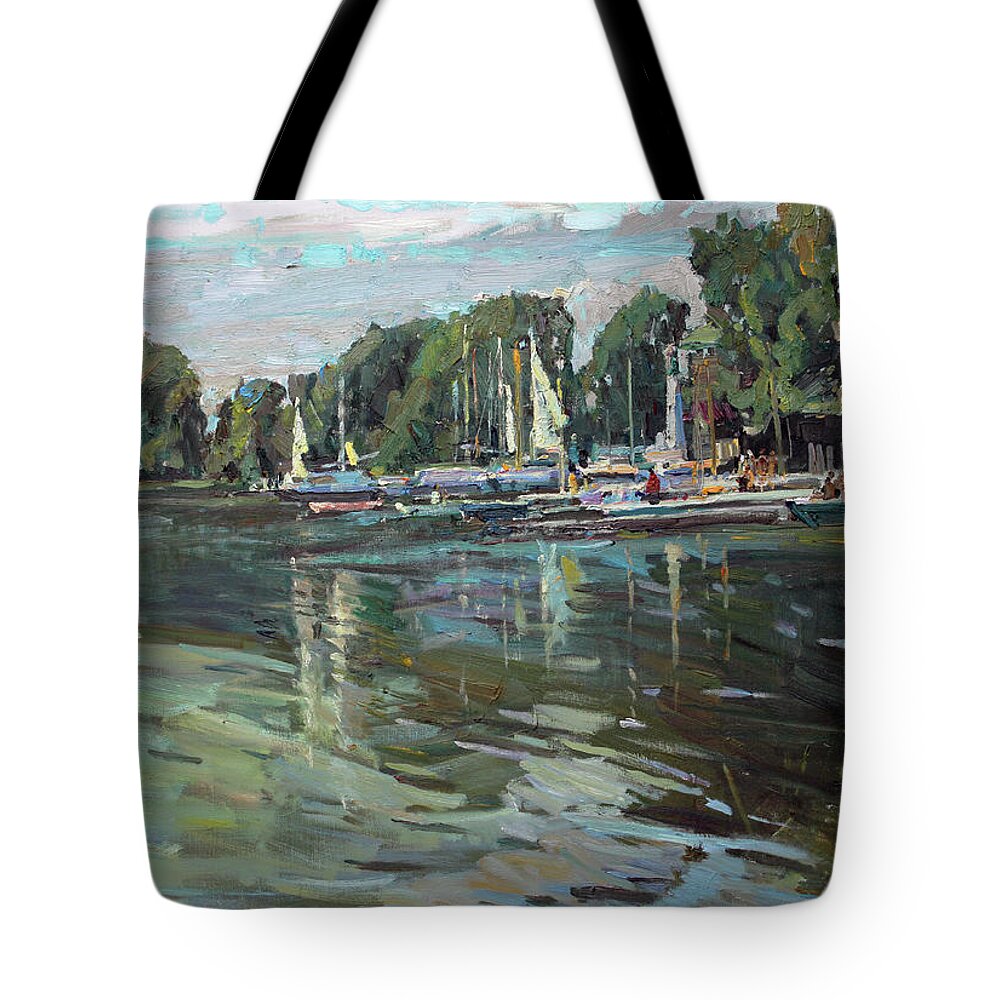 Lake Tote Bag featuring the painting On the lake White by Juliya Zhukova