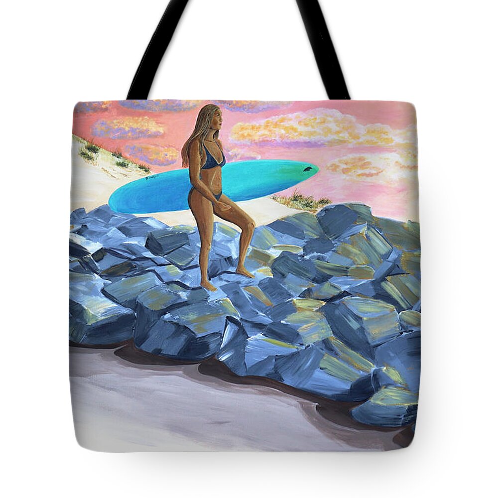 Surfer Girl Tote Bag featuring the painting On The Rocks by Jenn C Lindquist