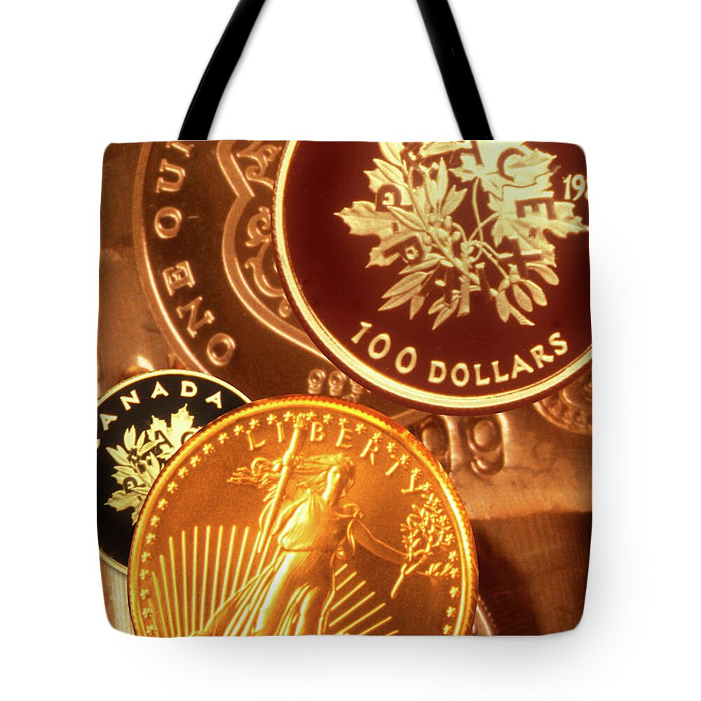 Coin Tote Bag featuring the photograph One Troy Ounce Us And Canadian Gold by Lyle Leduc