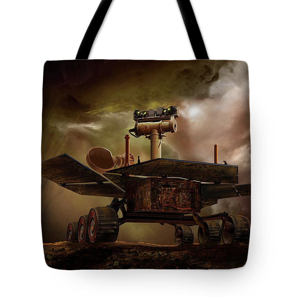 Opportunity Tote Bag featuring the digital art Opportunity's last day on Mars by James Vaughan
