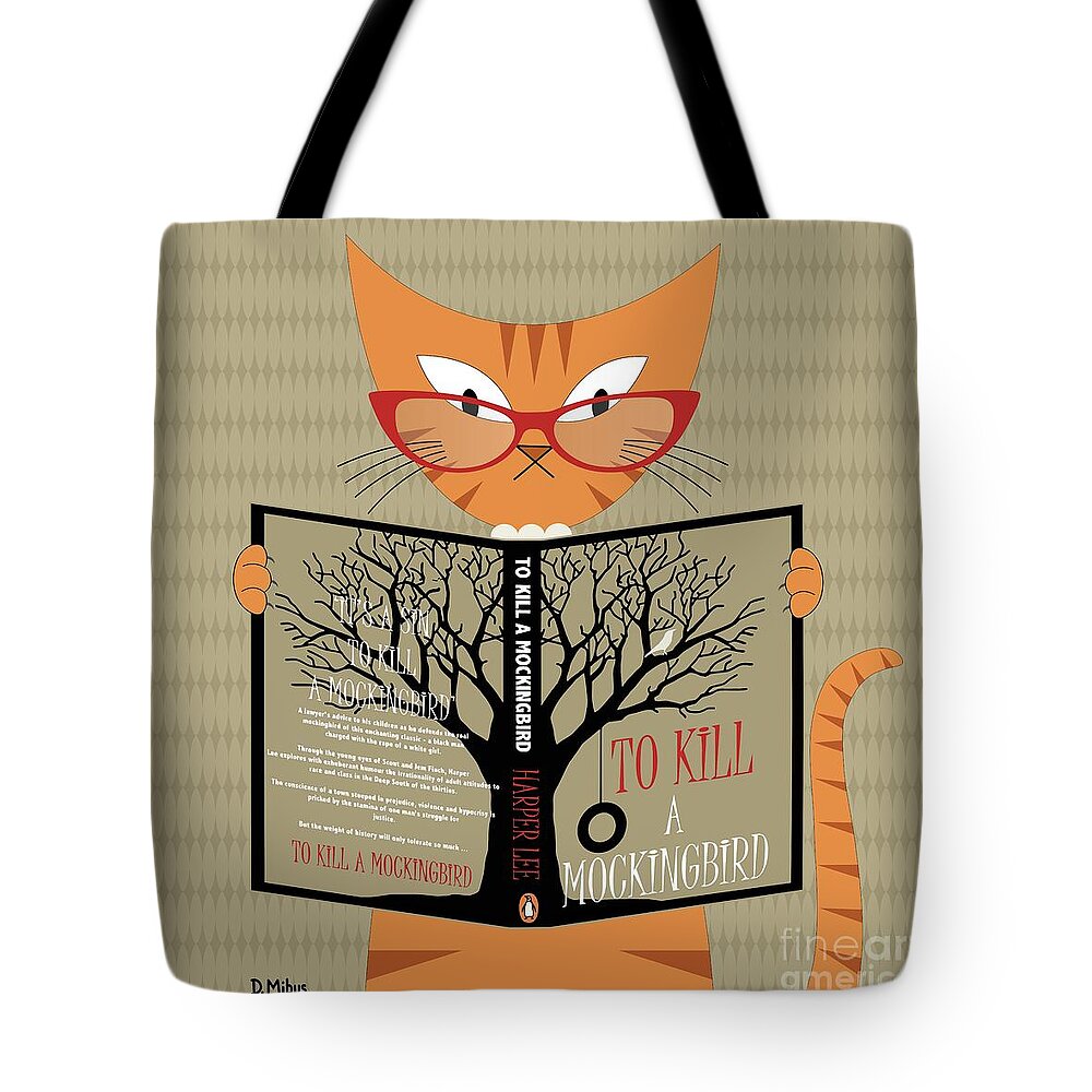 Mid Century Modern Tote Bag featuring the digital art Orange Cat Reading by Donna Mibus