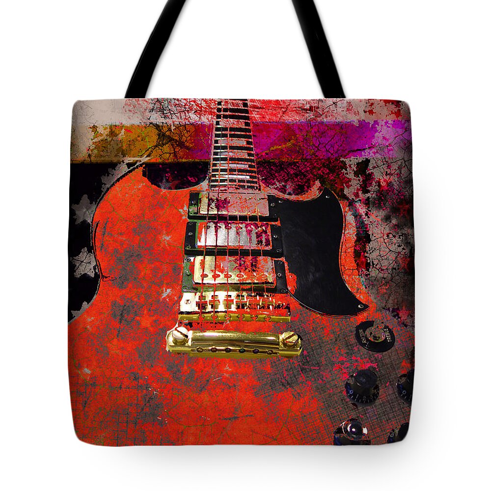Sg Tote Bag featuring the digital art Orange Electric Guitar and American Flag by Guitarwacky Fine Art