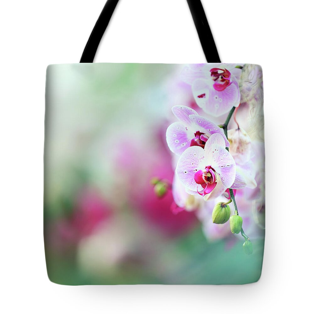 Hanging Tote Bag featuring the photograph Orchid Background by Borchee