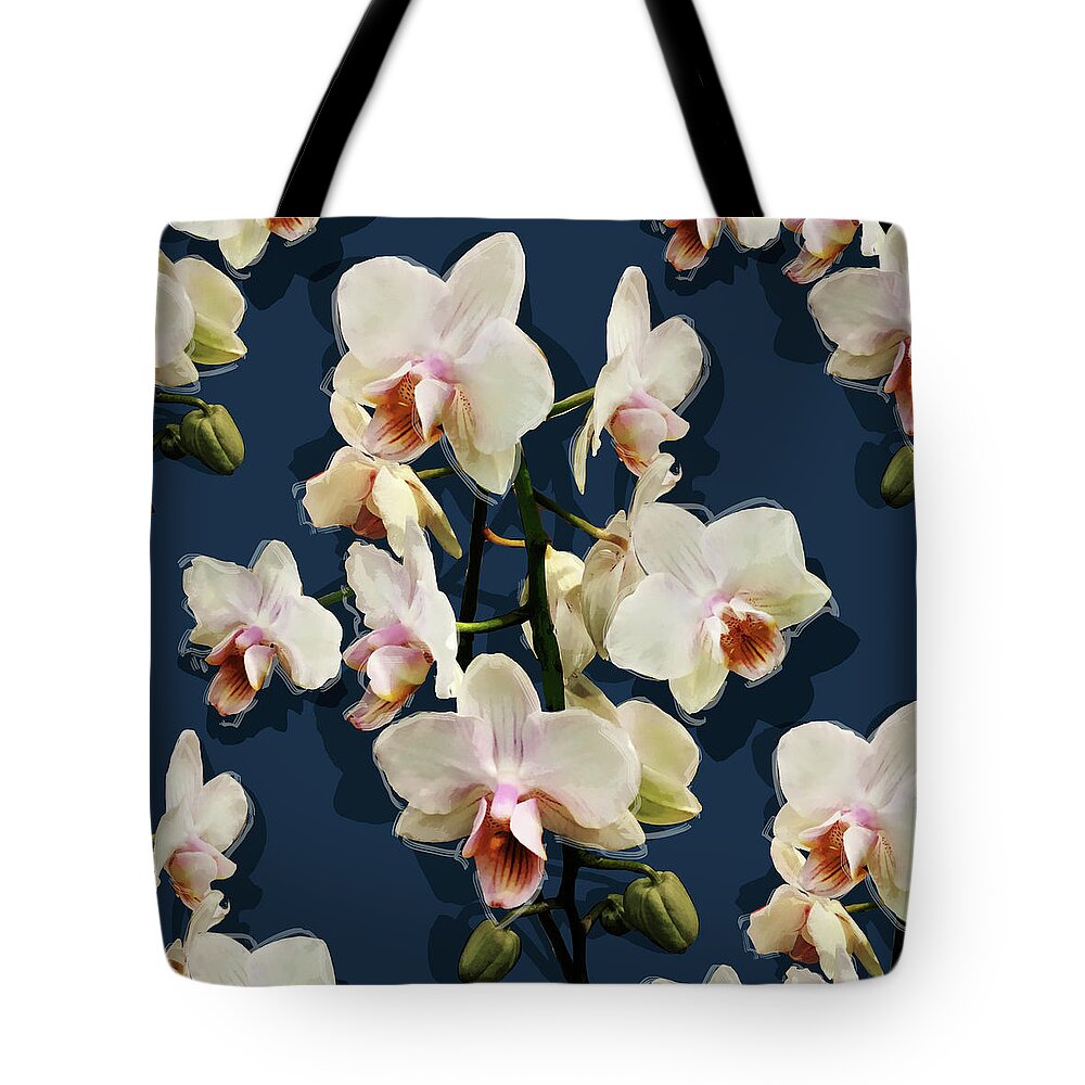 Glory Tote Bag featuring the mixed media Orchids - on dark blue by BFA Prints
