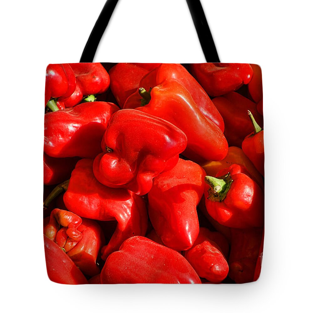 Red Tote Bag featuring the photograph Organic Red Peppers by Olivier Le Queinec