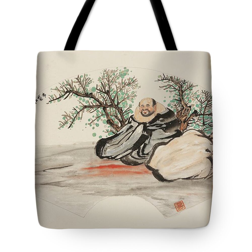 Chinese Watercolor Tote Bag featuring the painting Happy Wandering Buddha #1 by Jenny Sanders