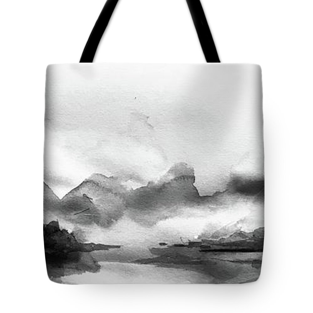 Chinese Brush Painting Of Mountains Tote Bag featuring the painting Over the Mountains by Lavender Liu