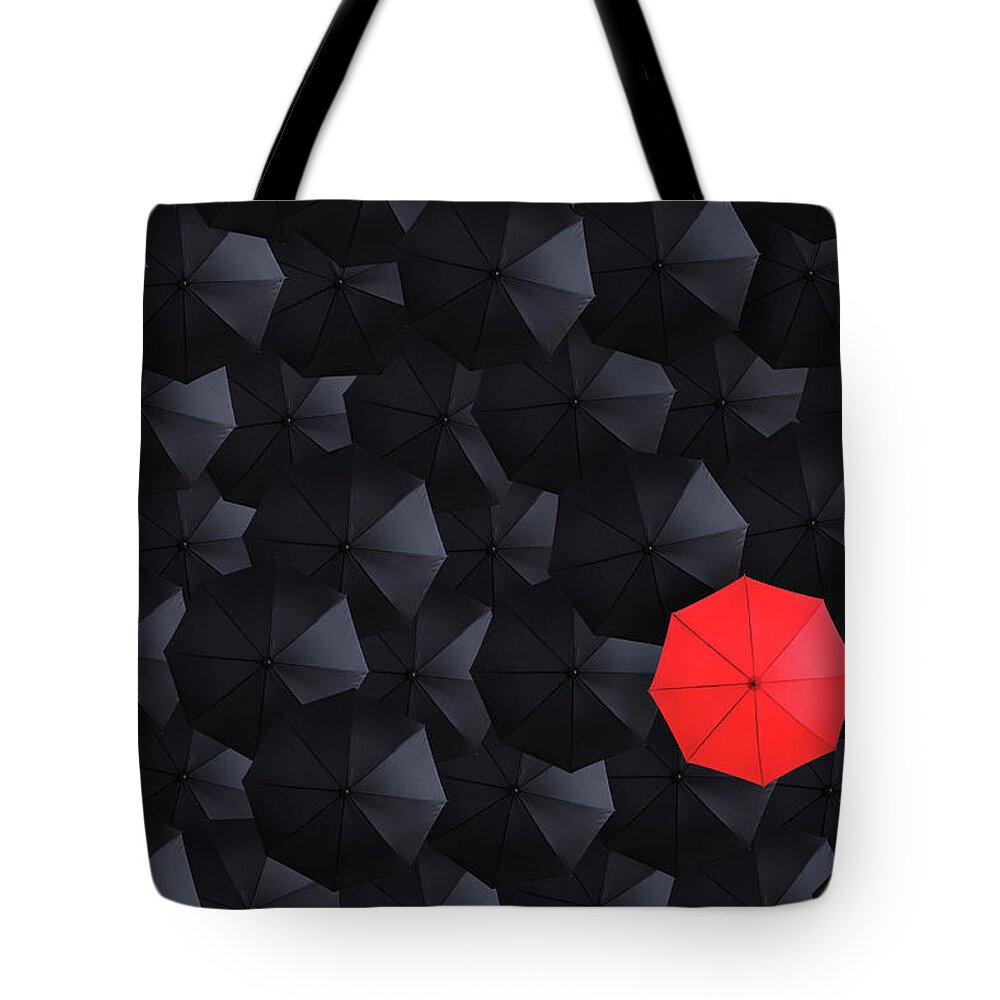 Hiding Tote Bag featuring the photograph Overhead View Of Many Umbrellas by Skodonnell