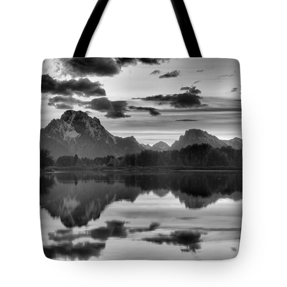 Swiftcurrent Falls Tote Bag featuring the photograph Oxbow Bend Autumn Sunset Panorama Black And White by Adam Jewell
