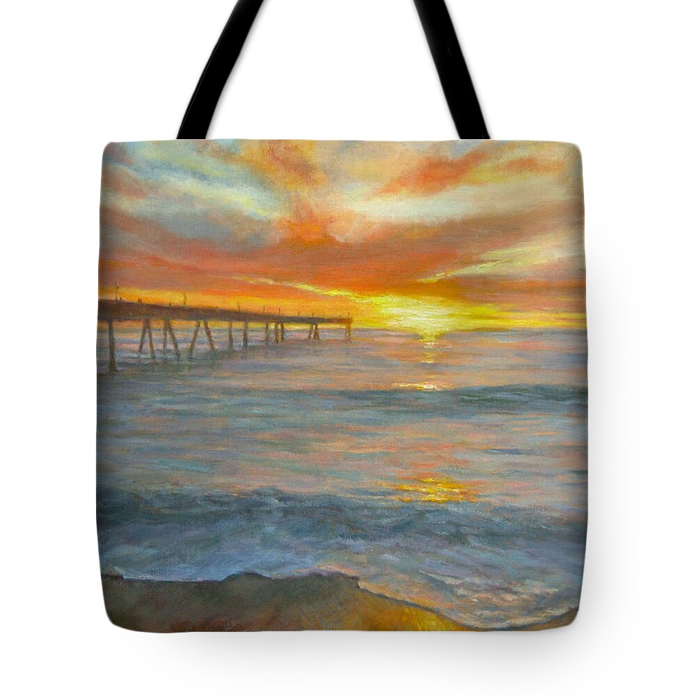 Sunset Tote Bag featuring the painting Pacifica Waves of Hope by Robie Benve